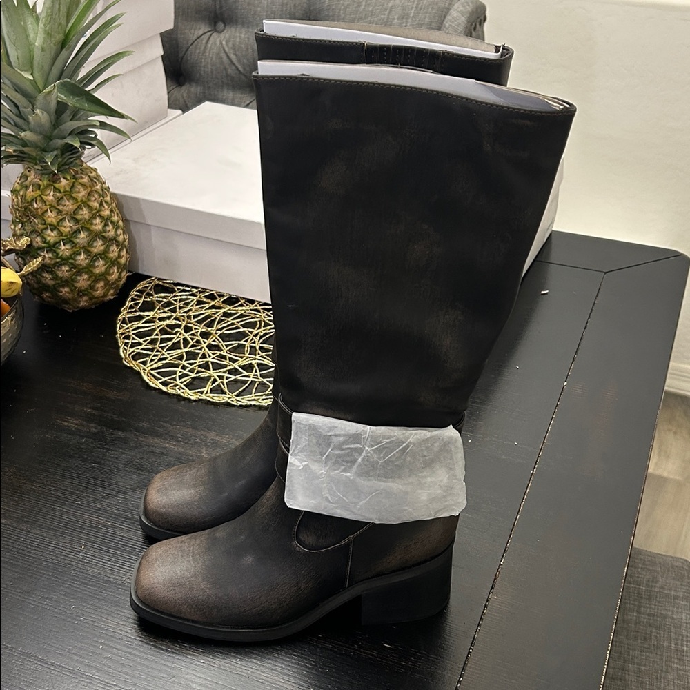 The Drop Women's Sage Tall Biker Boot with Buckles, Distressed Cognac - Picture 8 of 11